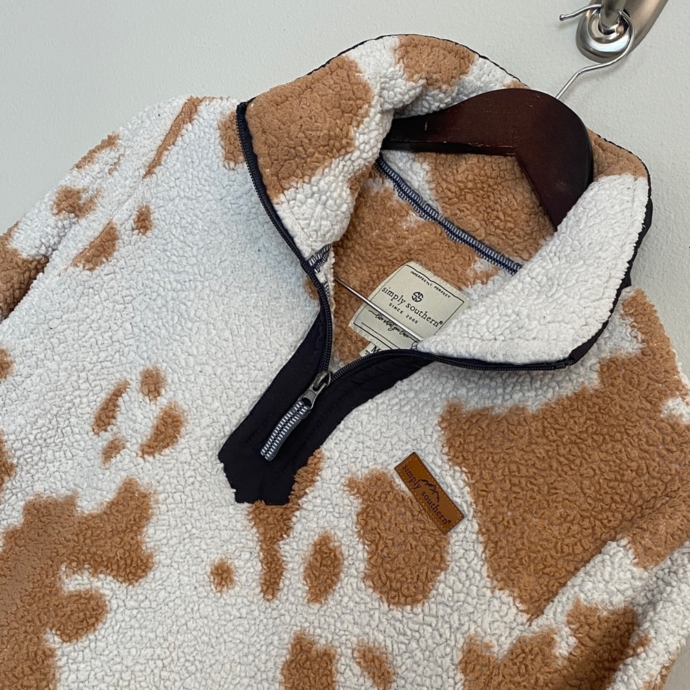 Simply Southern Cream & Brown Cow Print 1/4 Zip Long Sleeve Sherpa Fleece. Med